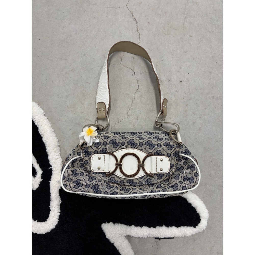 Vintage Guess Monogram Shoulder Bag Blue White Patent Y2K Leopard Print Baguette